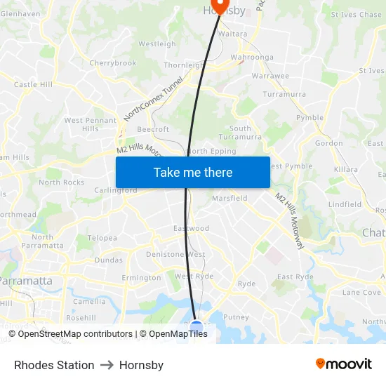 Rhodes Station to Hornsby map