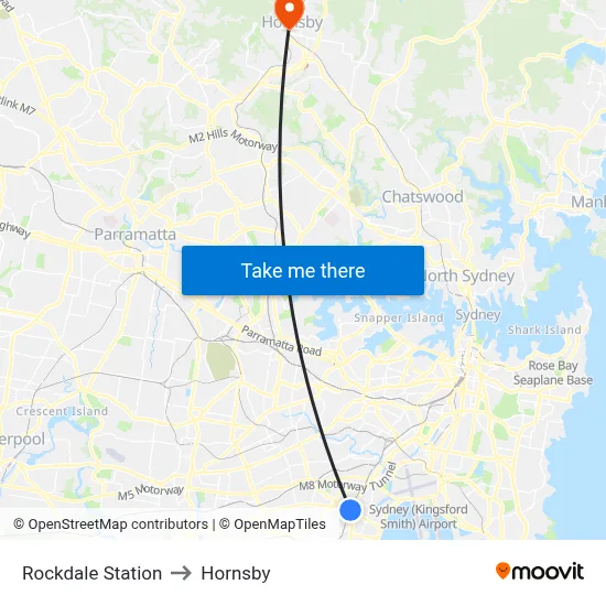 Rockdale Station to Hornsby map