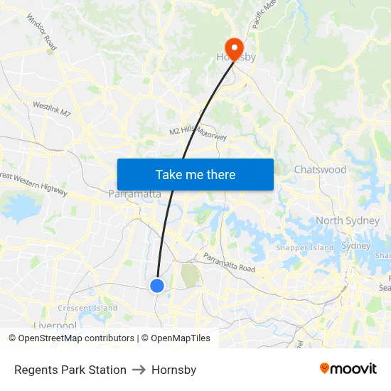 Regents Park Station to Hornsby map