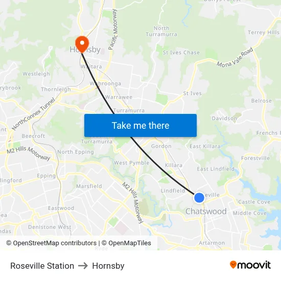 Roseville Station to Hornsby map