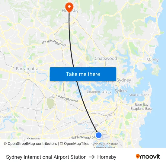 Sydney International Airport Station to Hornsby map