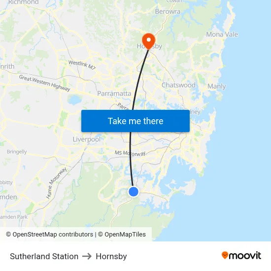 Sutherland Station to Hornsby map