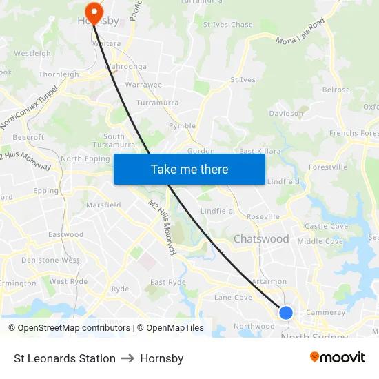 St Leonards Station to Hornsby map
