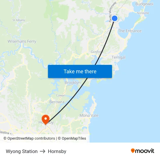 Wyong Station to Hornsby map