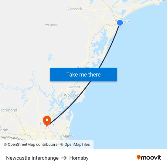 Newcastle Interchange to Hornsby map