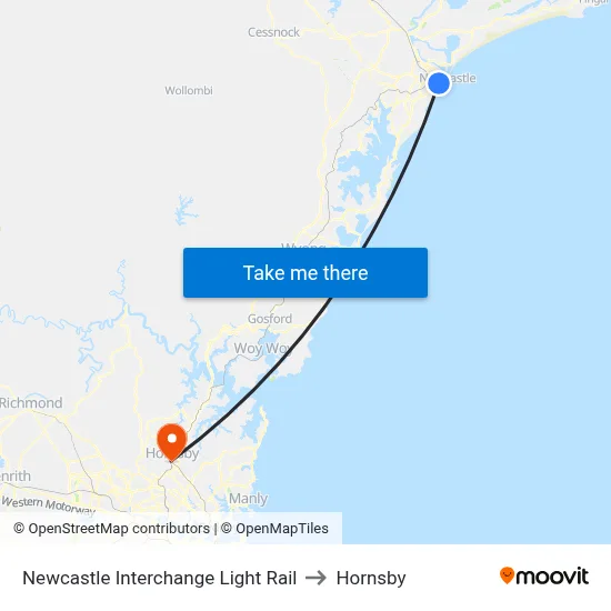 Newcastle Interchange Light Rail to Hornsby map