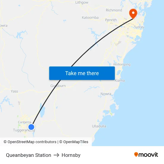 Queanbeyan Station to Hornsby map