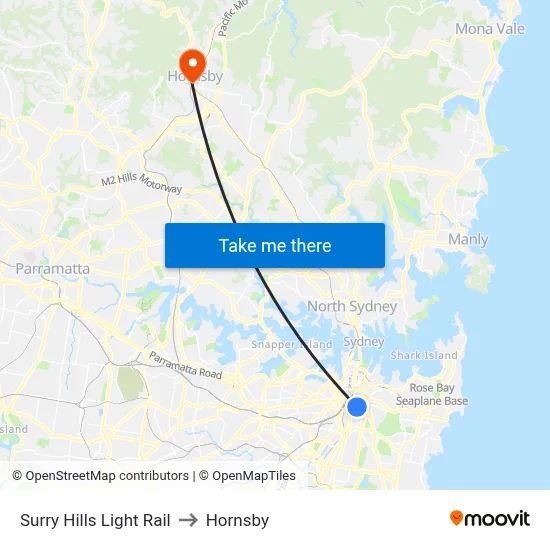 Surry Hills Light Rail to Hornsby map