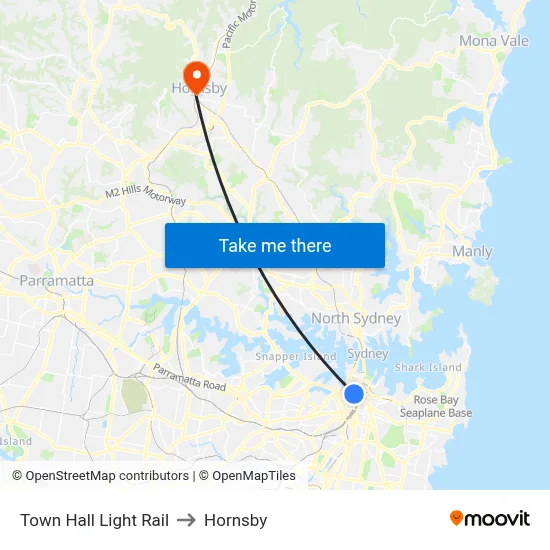 Town Hall Light Rail to Hornsby map