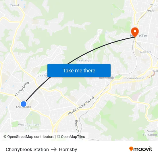 Cherrybrook Station to Hornsby map