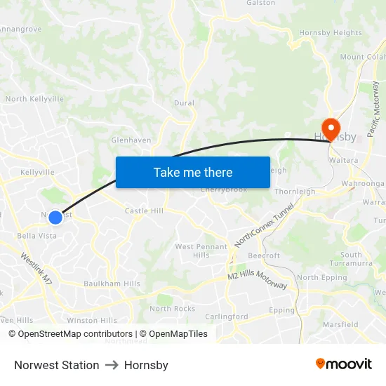 Norwest Station to Hornsby map