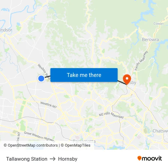 Tallawong Station to Hornsby map