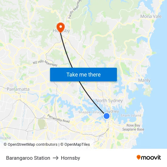 Barangaroo Station to Hornsby map