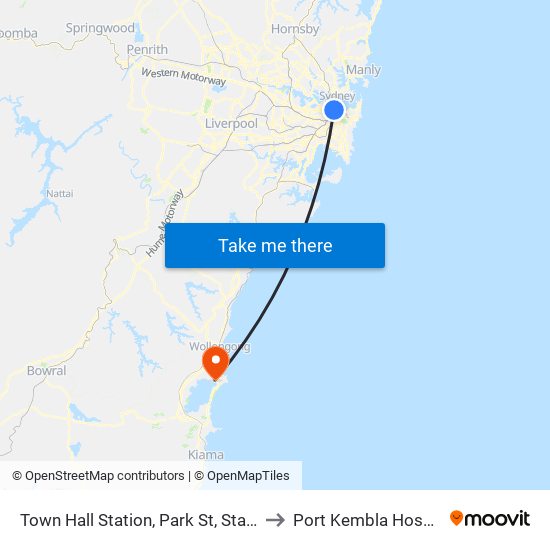 Town Hall, Park St, Stand G to Port Kembla Hospital map