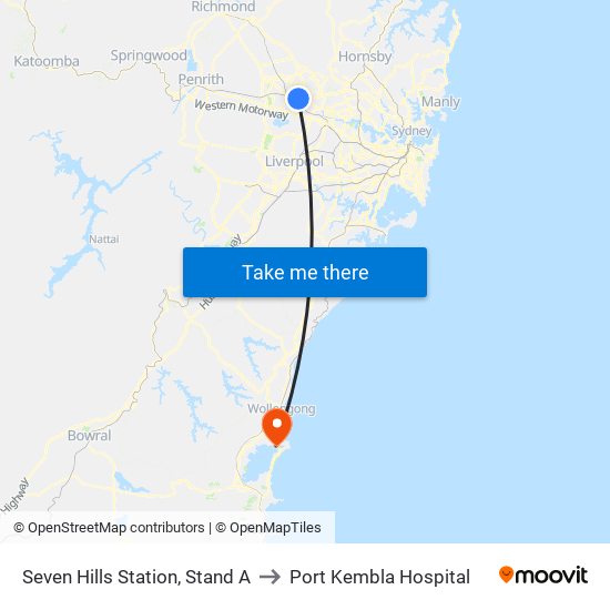 Seven Hills Station, Stand A to Port Kembla Hospital map