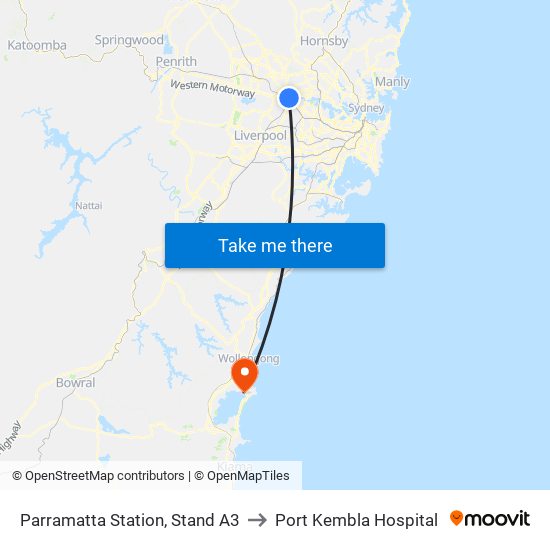 Parramatta Station, Stand A3 to Port Kembla Hospital map