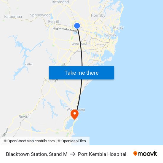 Blacktown Station, Stand M to Port Kembla Hospital map