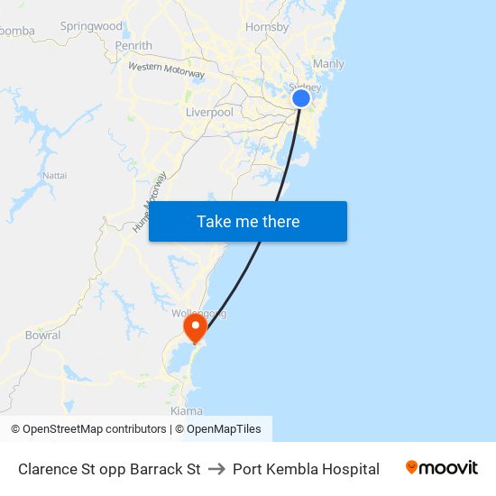 Clarence St opp Barrack St to Port Kembla Hospital map