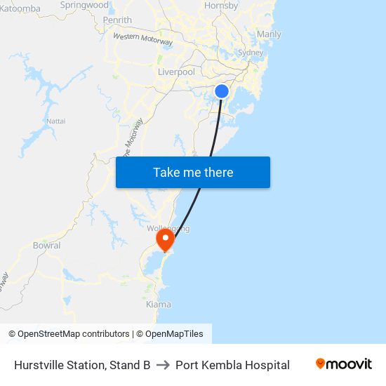 Hurstville Station, Stand B to Port Kembla Hospital map