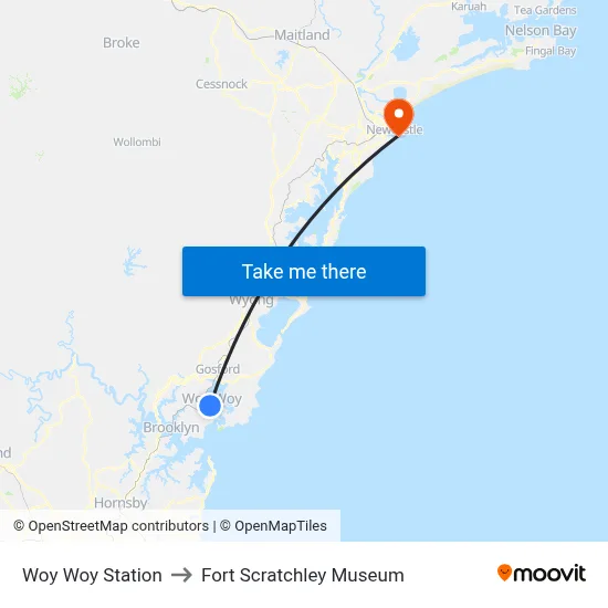 Woy Woy Station to Fort Scratchley Museum map
