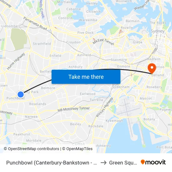 Punchbowl (Canterbury-Bankstown - NSW) to Green Square map