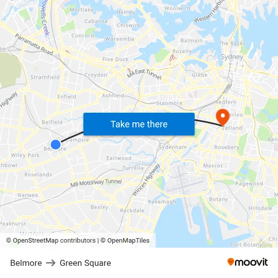 Belmore to Green Square map