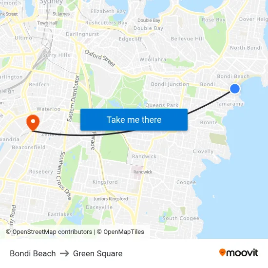 Bondi Beach to Green Square map