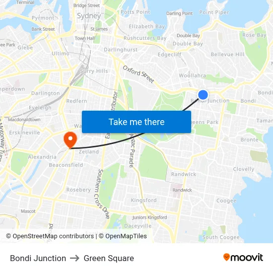 Bondi Junction to Green Square map