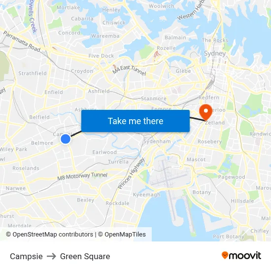 Campsie to Green Square map