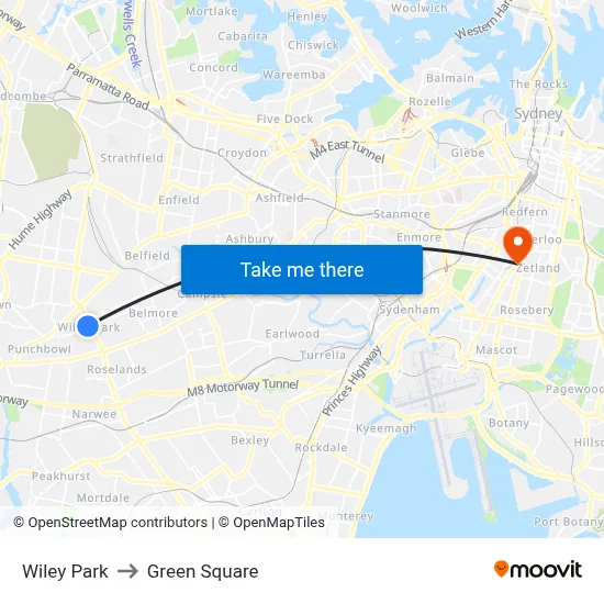Wiley Park to Green Square map