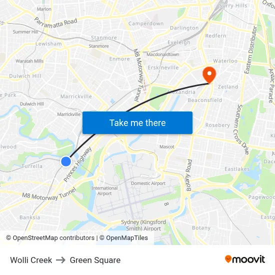 Wolli Creek to Green Square map
