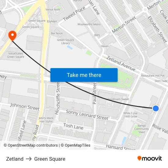Zetland to Green Square map
