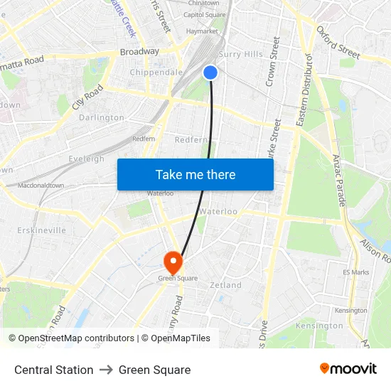Central Station to Green Square map