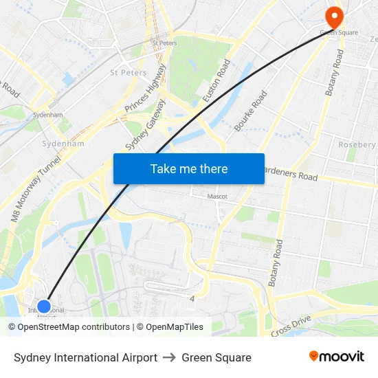 Sydney International Airport to Green Square map