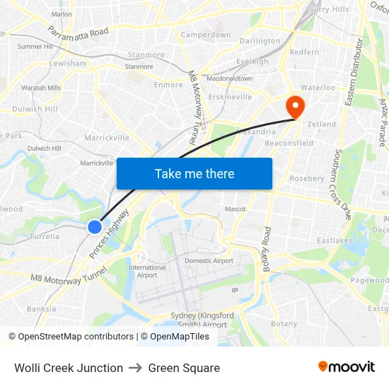 Wolli Creek Junction to Green Square map
