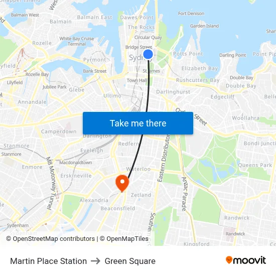Martin Place Station to Green Square map