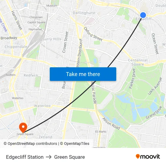 Edgecliff Station to Green Square map
