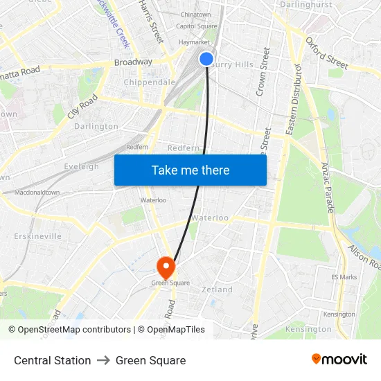 Central Station to Green Square map