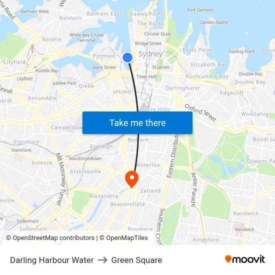 Darling Harbour Water to Green Square map
