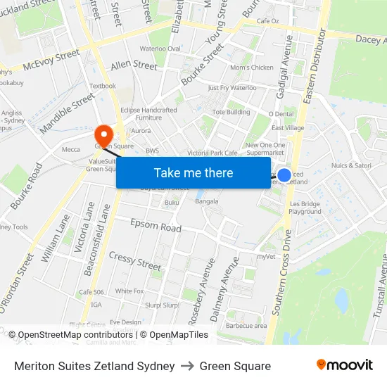Meriton Suites Zetland Sydney to Green Square map