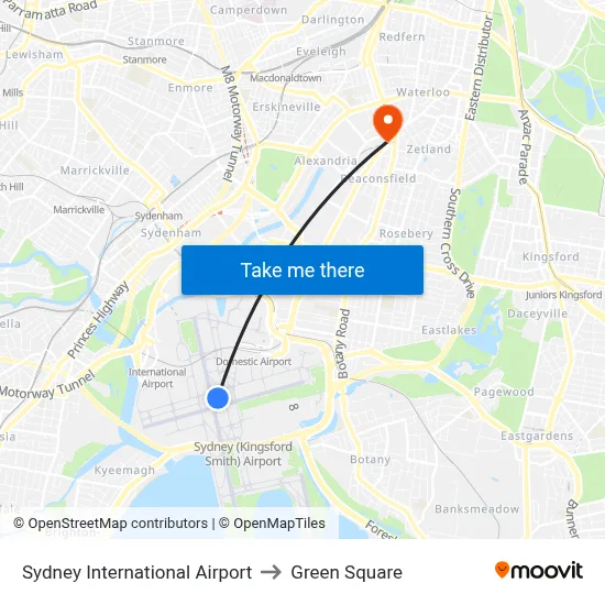 Sydney International Airport to Green Square map