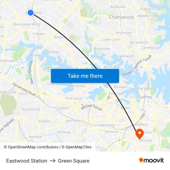 Eastwood Station to Green Square map