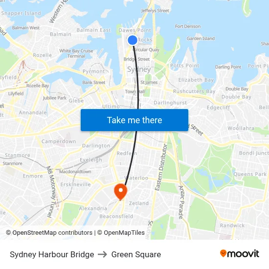 Sydney Harbour Bridge to Green Square map