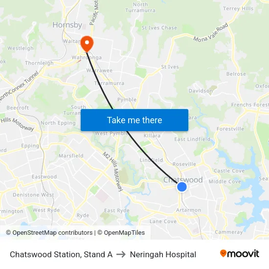 Chatswood Station, Stand A to Neringah Hospital map