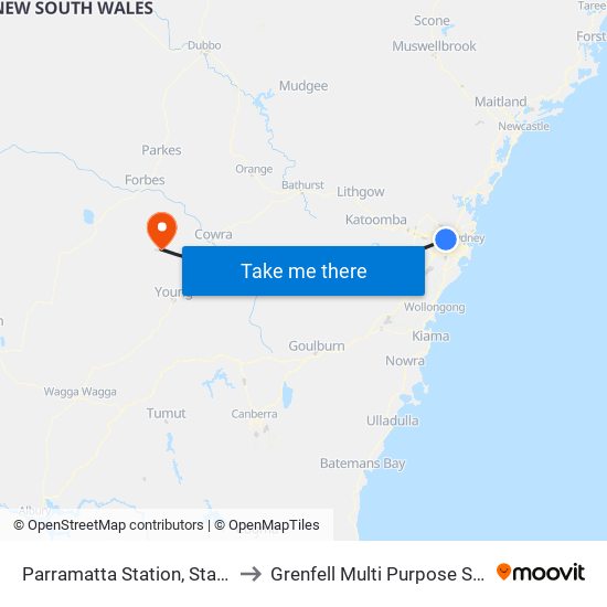 Parramatta Station, Stand A3 to Grenfell Multi Purpose Service map