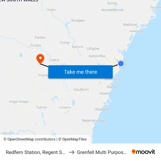 Redfern Station, Regent St, Stand C to Grenfell Multi Purpose Service map