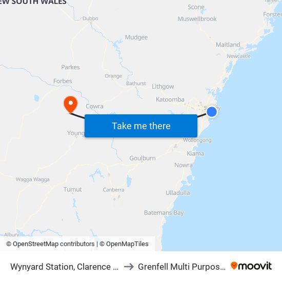 Wynyard Station, Clarence St, Stand S to Grenfell Multi Purpose Service map