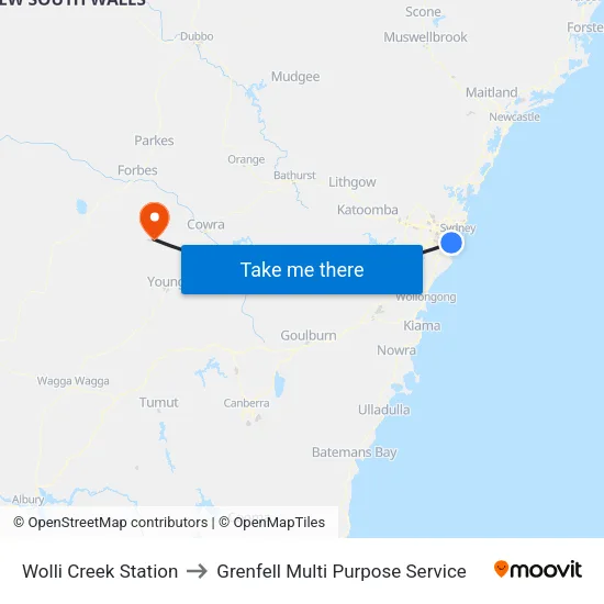 Wolli Creek Station to Grenfell Multi Purpose Service map