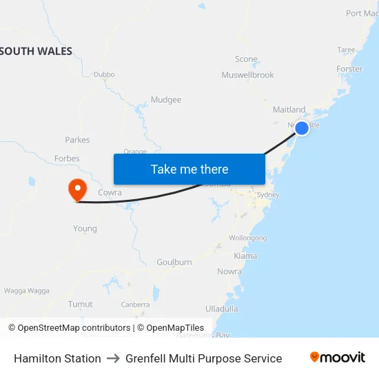Hamilton Station to Grenfell Multi Purpose Service map