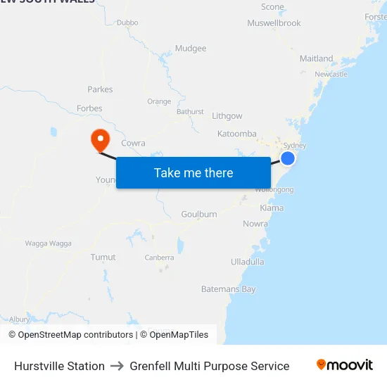 Hurstville Station to Grenfell Multi Purpose Service map